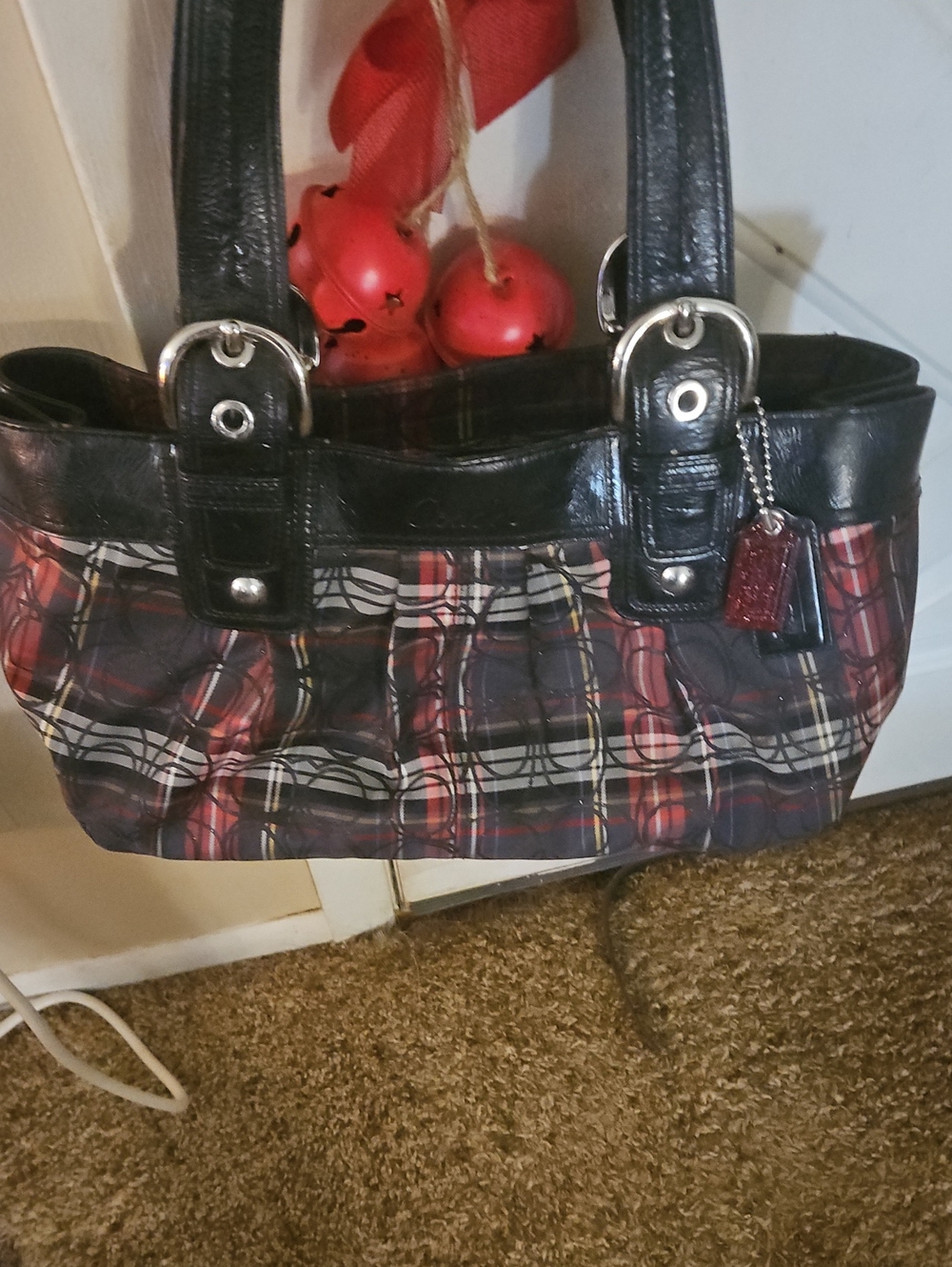 Coach Red Navy Plaid Tote with Black Leather Trim